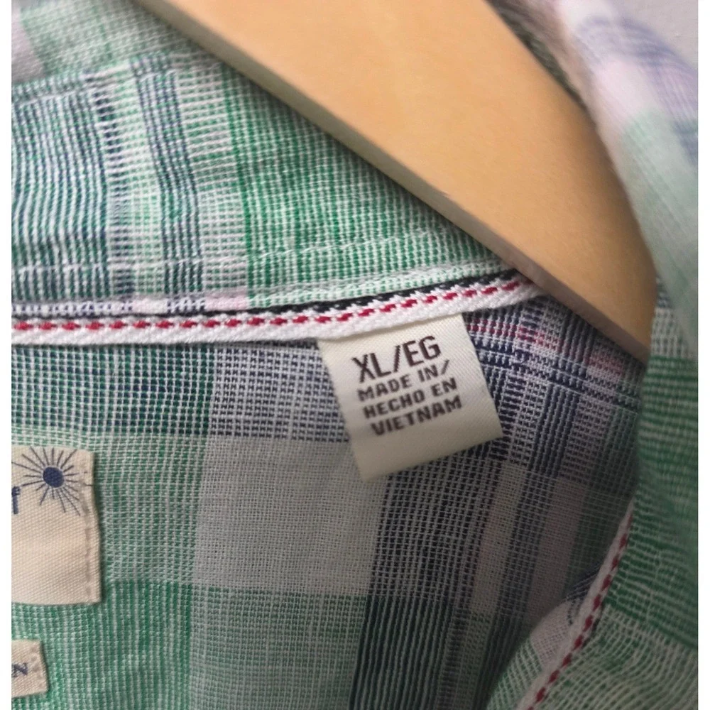 Weatherproof Vintage LINEN Blend Button Down Shirt Men XL Green Plaid Casual EUC